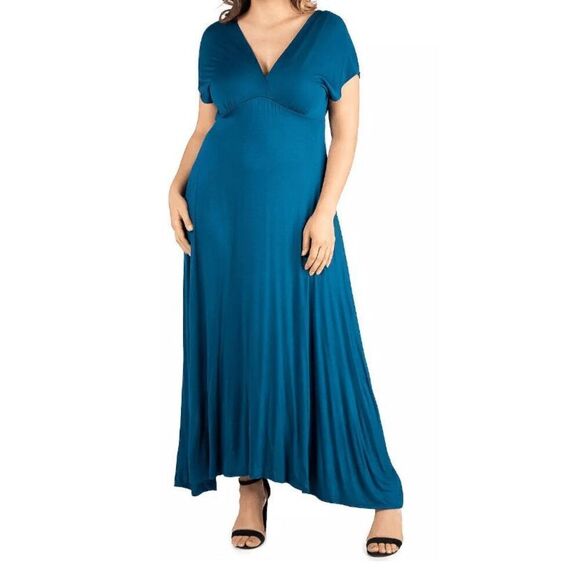 24/7 Comfort Apparel Women's Plus Size Empire Waist V-Neck Maxi Dress 1X Blue - Picture 1 of 14